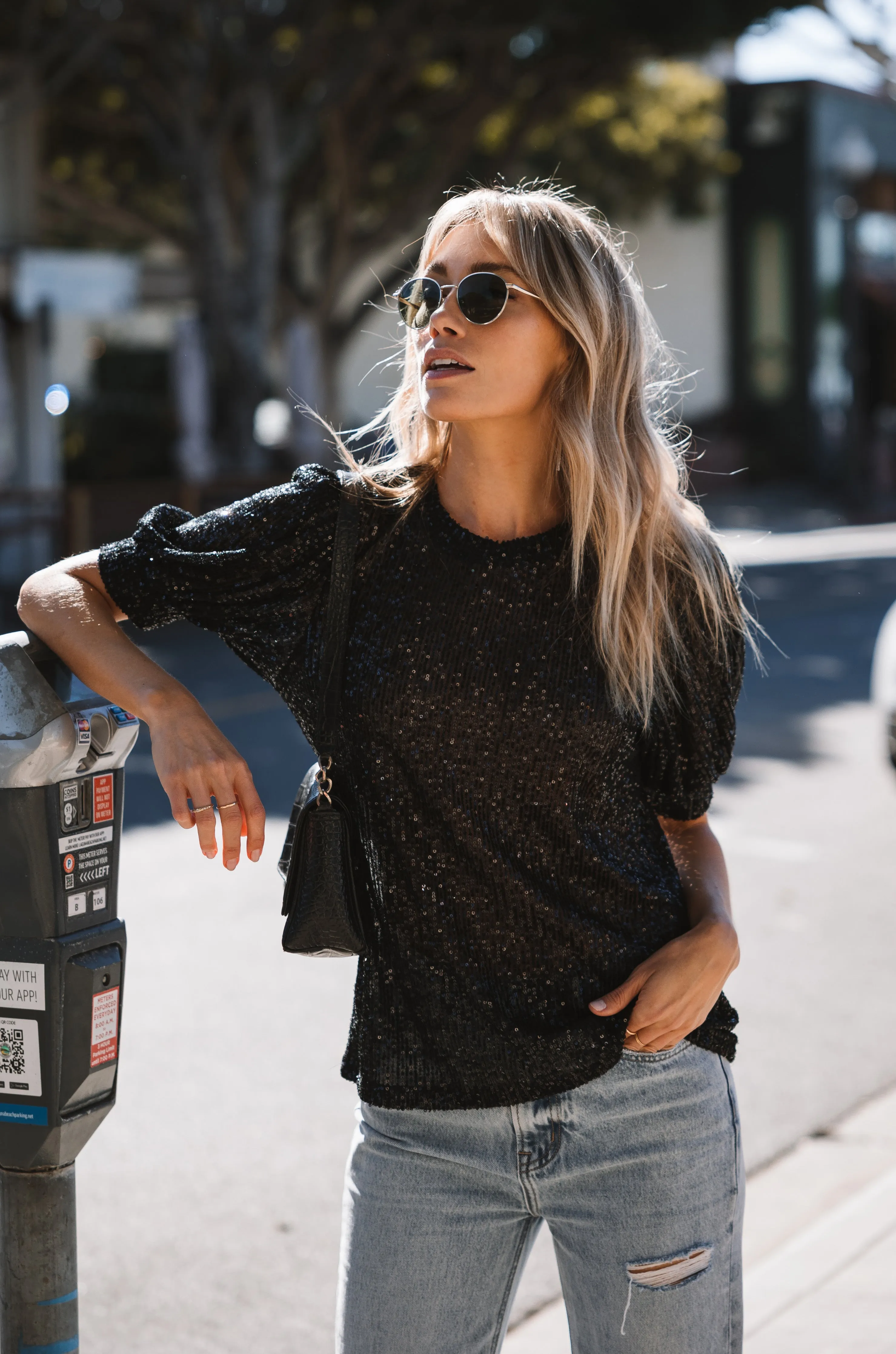 Matte Black Sequin Perry Puff Sleeve Top