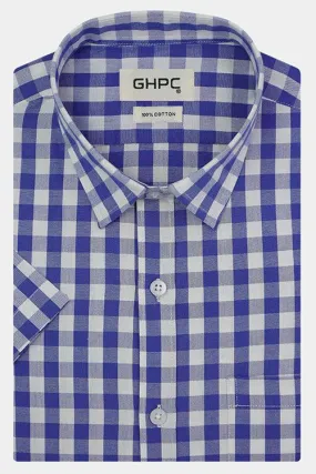 Men's 100% Cotton Gingham Checkered Half Sleeves Shirt (Blue)