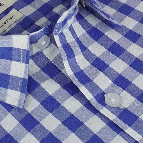 Men's 100% Cotton Gingham Checkered Half Sleeves Shirt (Blue)