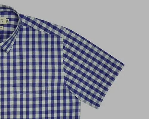 Men's 100% Cotton Gingham Checkered Half Sleeves Shirt (Blue)