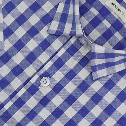 Men's 100% Cotton Gingham Checkered Half Sleeves Shirt (Blue)