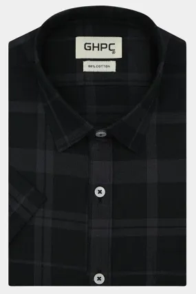 Men's 100% Cotton Grid Tattersall Checkered Half Sleeves Shirt (Black)