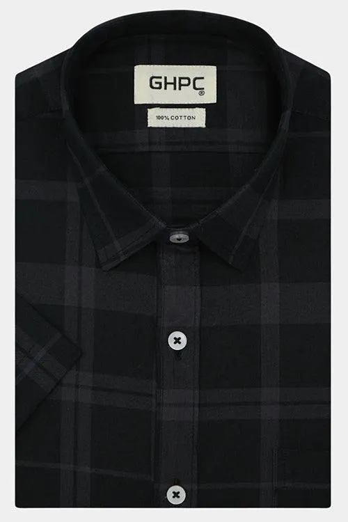 Men's 100% Cotton Grid Tattersall Checkered Half Sleeves Shirt (Black)