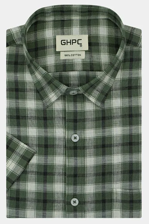 Men's 100% Cotton Grid Tattersall Checkered Half Sleeves Shirt (Green)