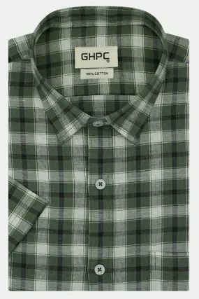 Men's 100% Cotton Grid Tattersall Checkered Half Sleeves Shirt (Green)