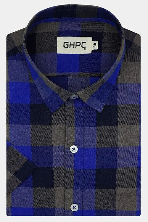 Men's 100% Cotton Half Sleeves Big / Buffalo Checkered Shirt (Blue)