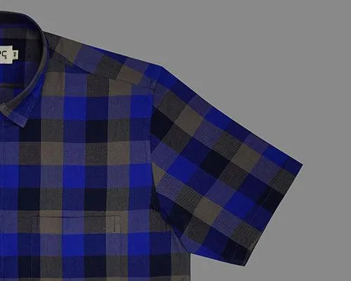 Men's 100% Cotton Half Sleeves Big / Buffalo Checkered Shirt (Blue)