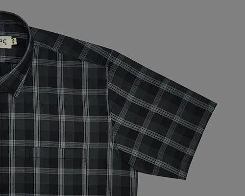 Men's 100% Cotton Half Sleeves Grid Tattersall Checkered Shirt (Black)