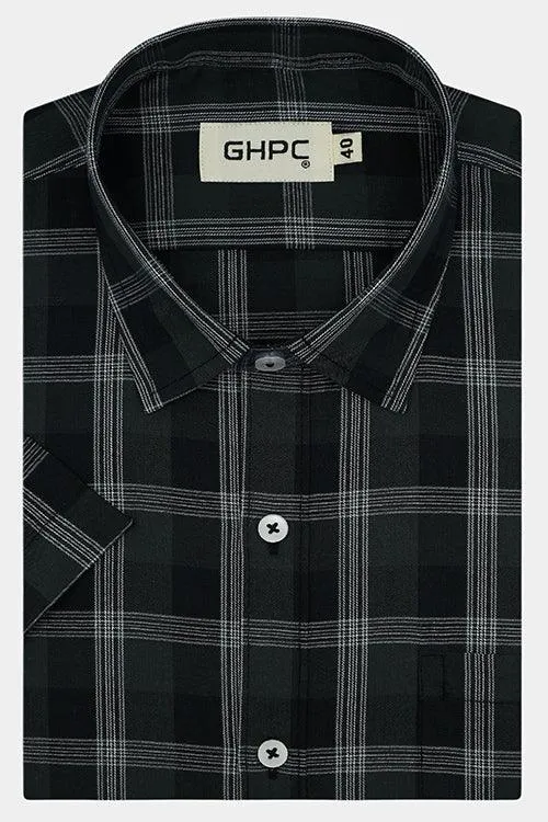 Men's 100% Cotton Half Sleeves Grid Tattersall Checkered Shirt (Black)