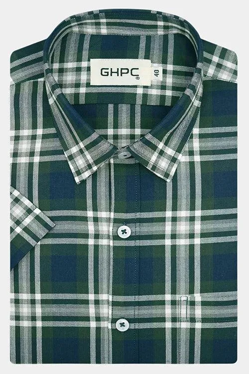 Men's 100% Cotton Madras Checkered Half Sleeves Shirt (Bottle Green)