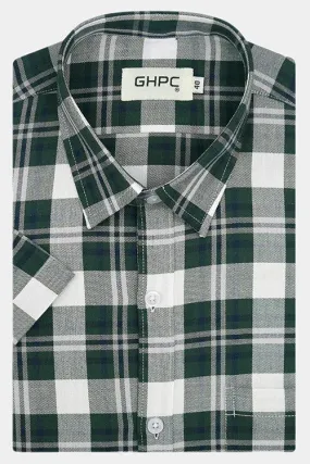 Men's 100% Cotton Madras Checkered Half Sleeves Shirt (Bottle Green)