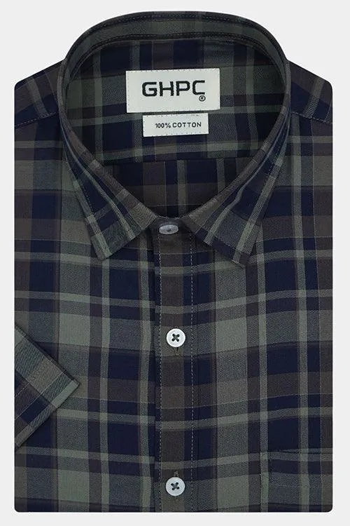 Men's 100% Cotton Plaid Checkered Half Sleeves Shirt (Blue)