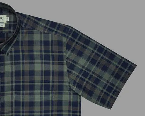 Men's 100% Cotton Plaid Checkered Half Sleeves Shirt (Blue)