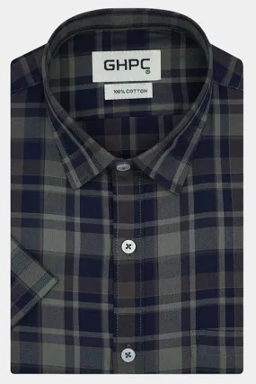 Men's 100% Cotton Plaid Checkered Half Sleeves Shirt (Blue)