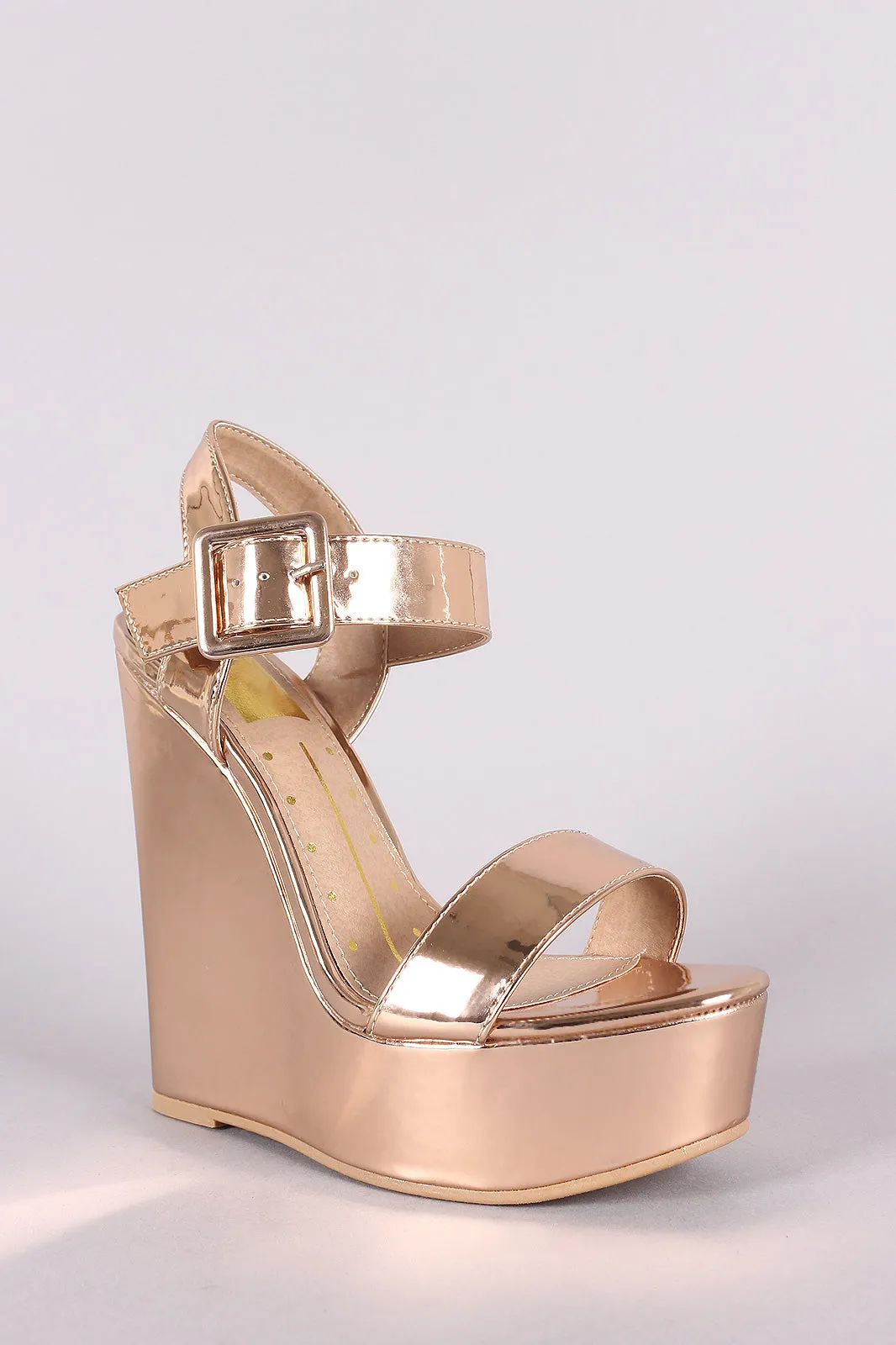 Mirror Metallic Patent Buckled Ankle Strap Platform Wedge