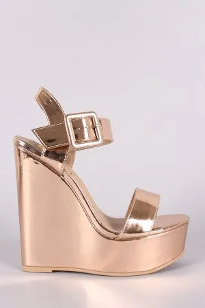 Mirror Metallic Patent Buckled Ankle Strap Platform Wedge