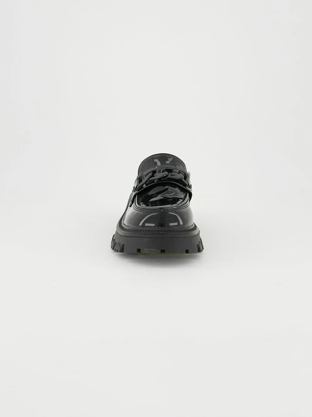 Patent High Loafer Shoe.Matte Black Chain Trim.