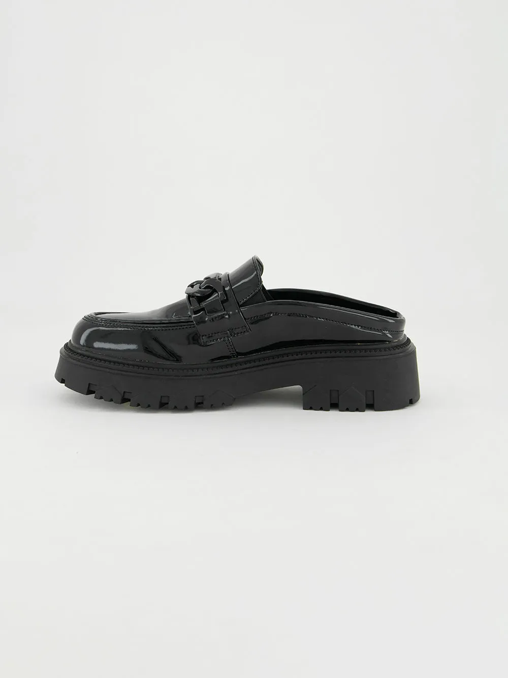 Patent High Loafer Shoe.Matte Black Chain Trim.