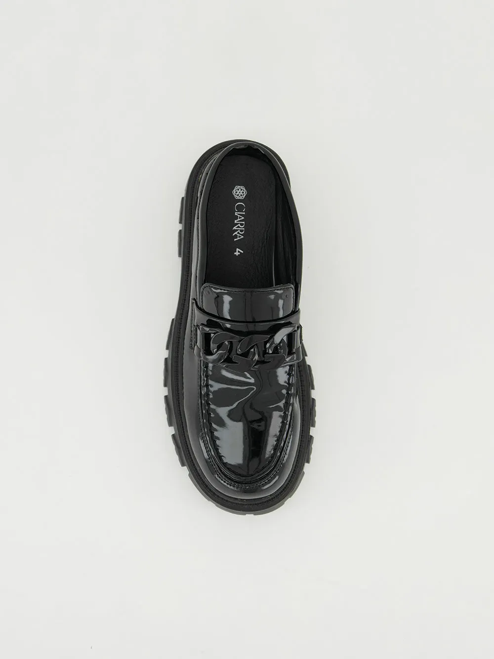 Patent High Loafer Shoe.Matte Black Chain Trim.