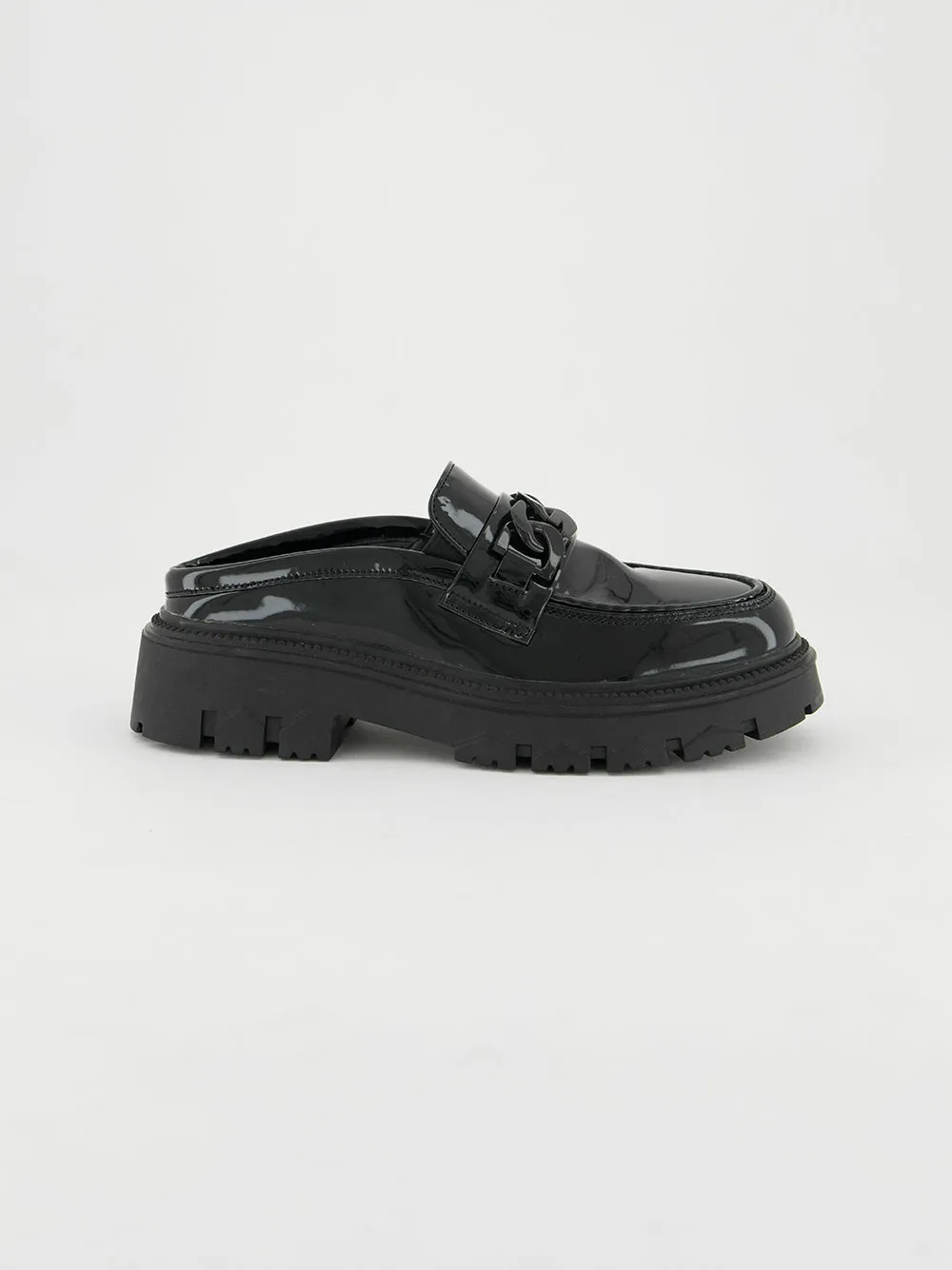 Patent High Loafer Shoe.Matte Black Chain Trim.