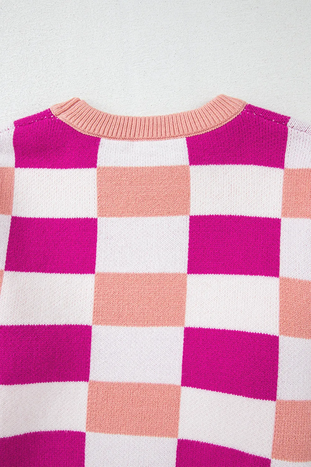 Pink Checkered Ribbed Edge O Neck Drop Shoulder Sweater