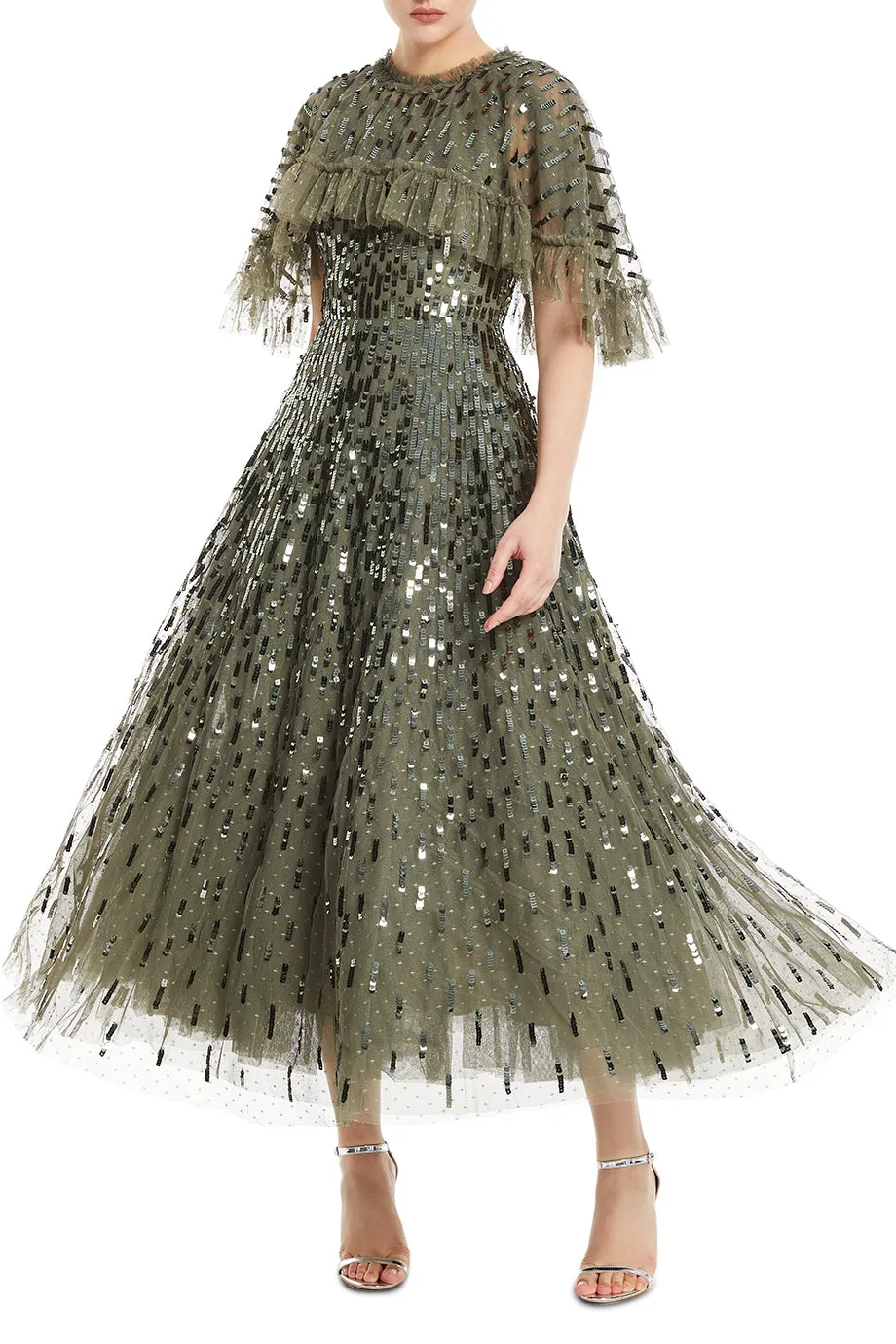 Sequin Dash Cape Evening Gown