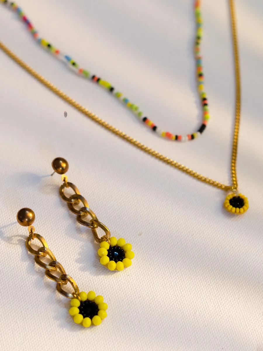 Sunflower Earrings   Beaded Chain Necklace Combo Set