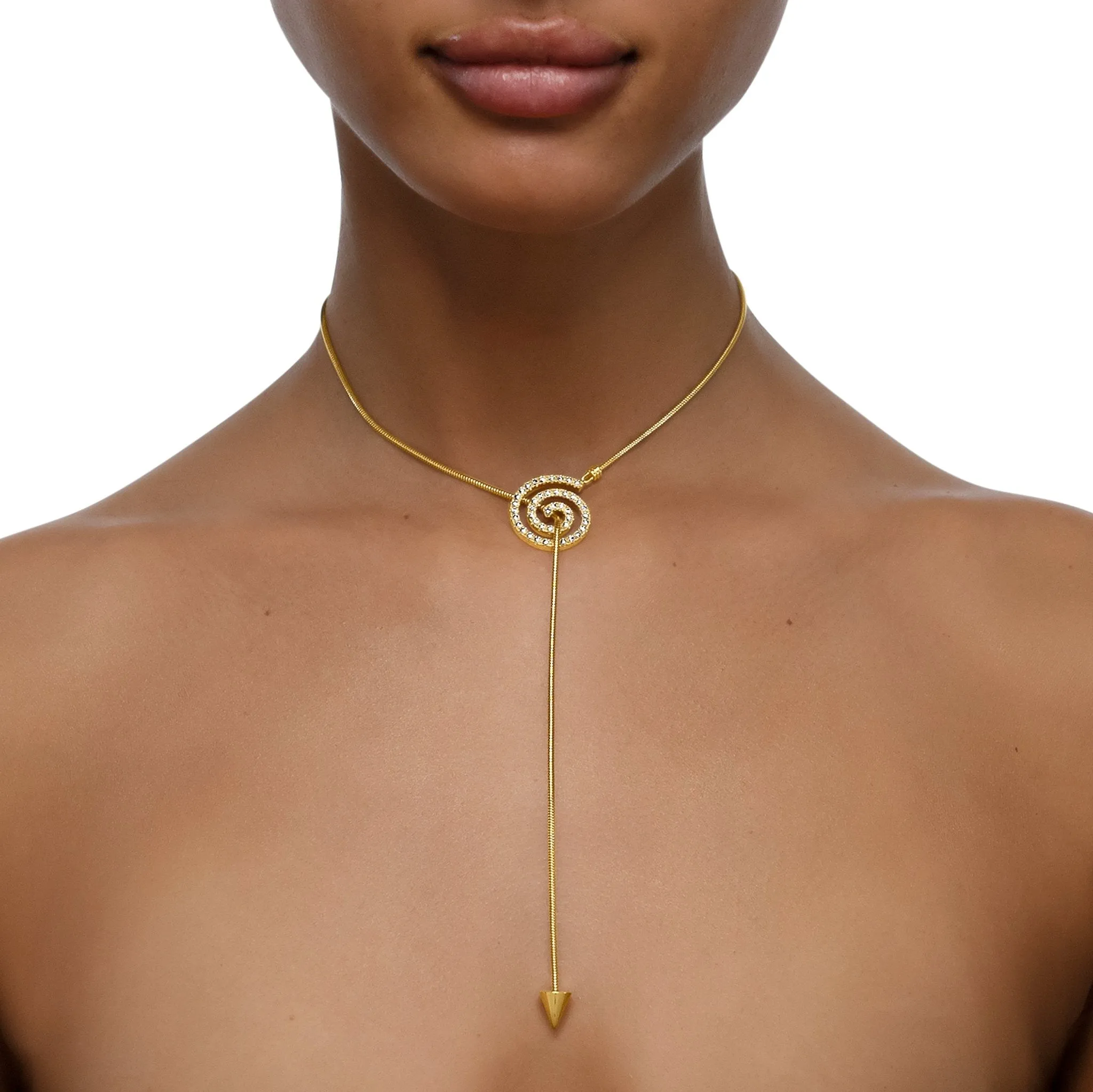 Yellow Gold Essence Spiral Lariat Necklace with Pave Diamonds