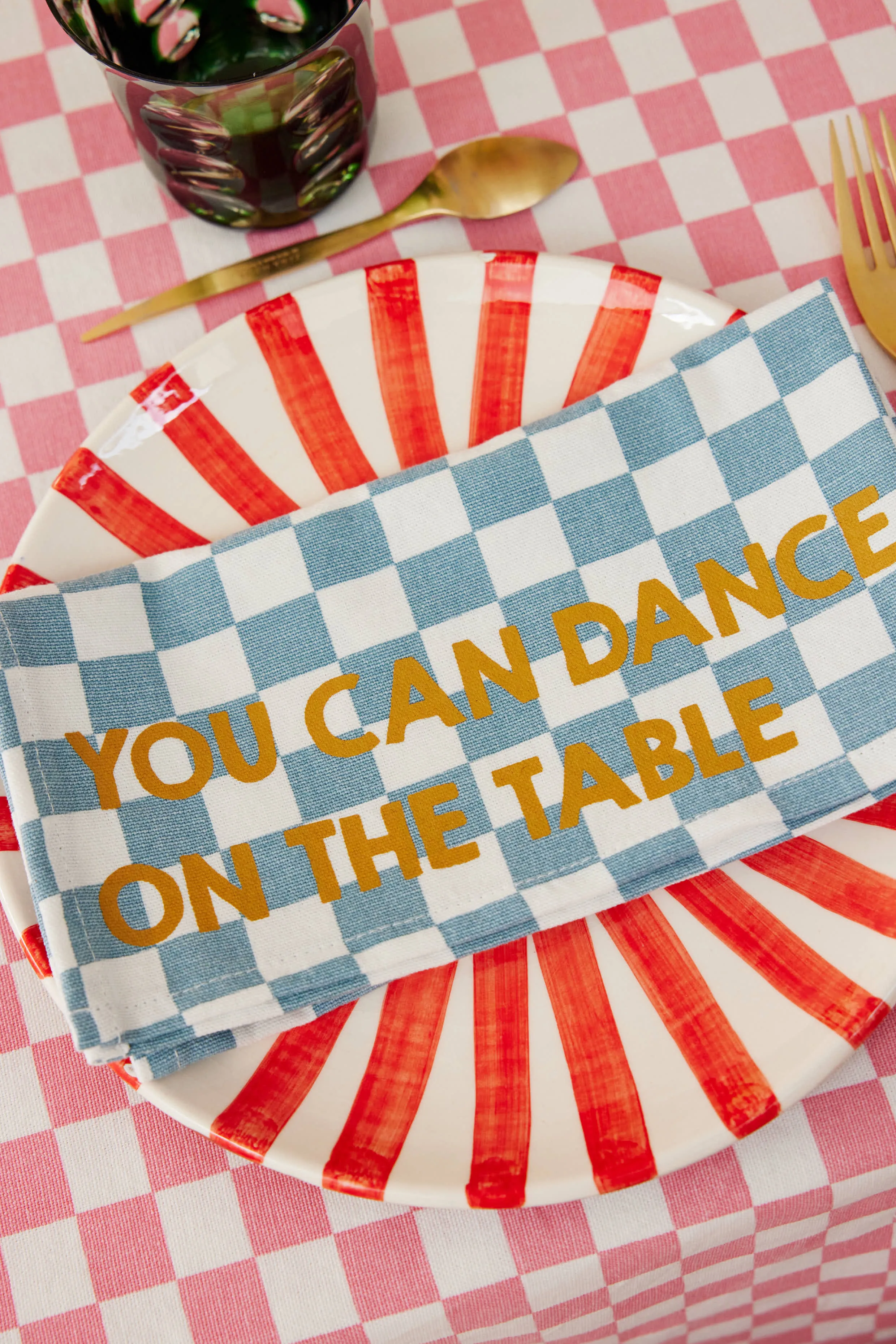 You Can Dance on the Table Blue Checkered Linen Napkin - Set of 2