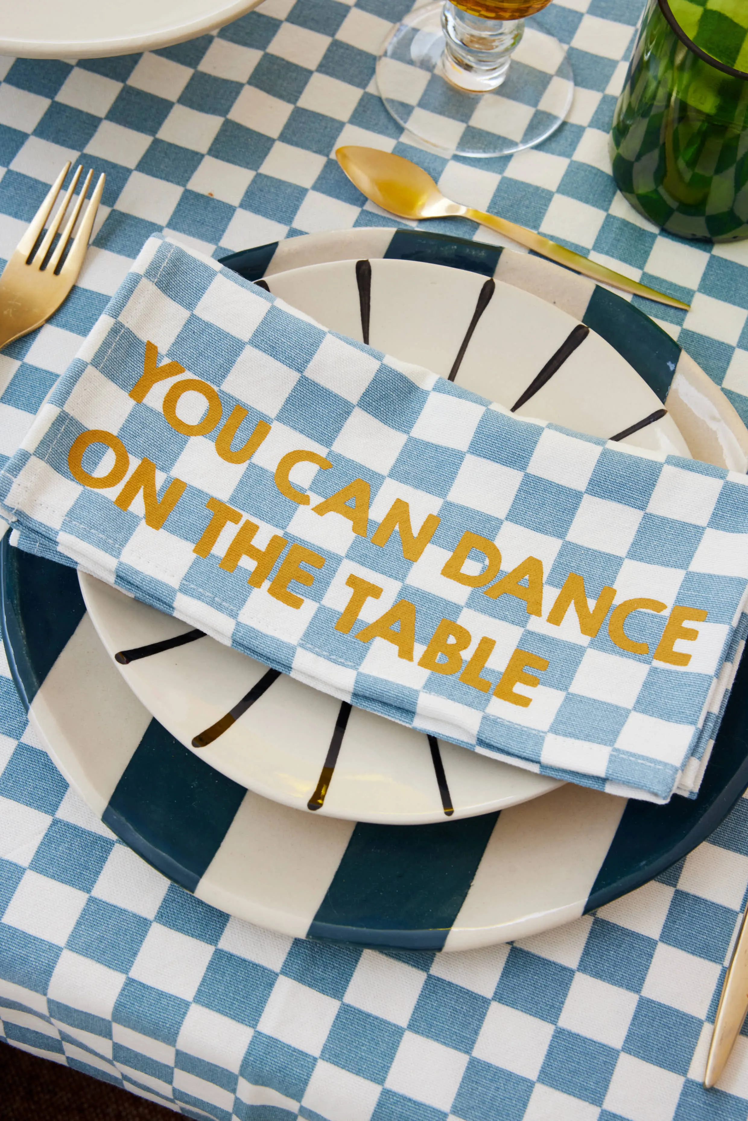 You Can Dance on the Table Blue Checkered Linen Napkin - Set of 2